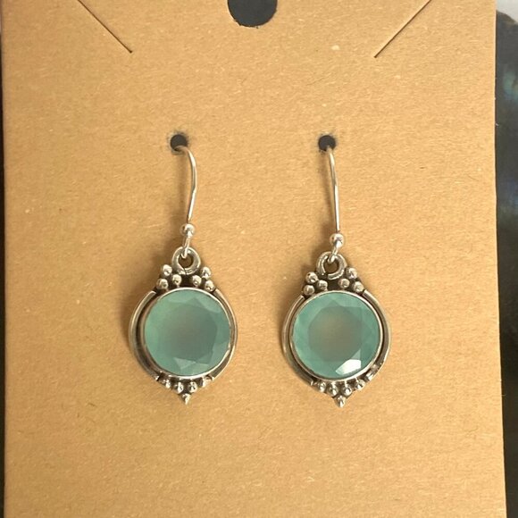 Sterling Silver 925 YS India Round Faceted Chalcedony Quartz Dangle Earrings - Picture 1 of 16